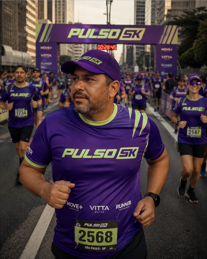 Runner wearing the Pulso 5K race shirt crossing under the event arch on Avenida Paulista