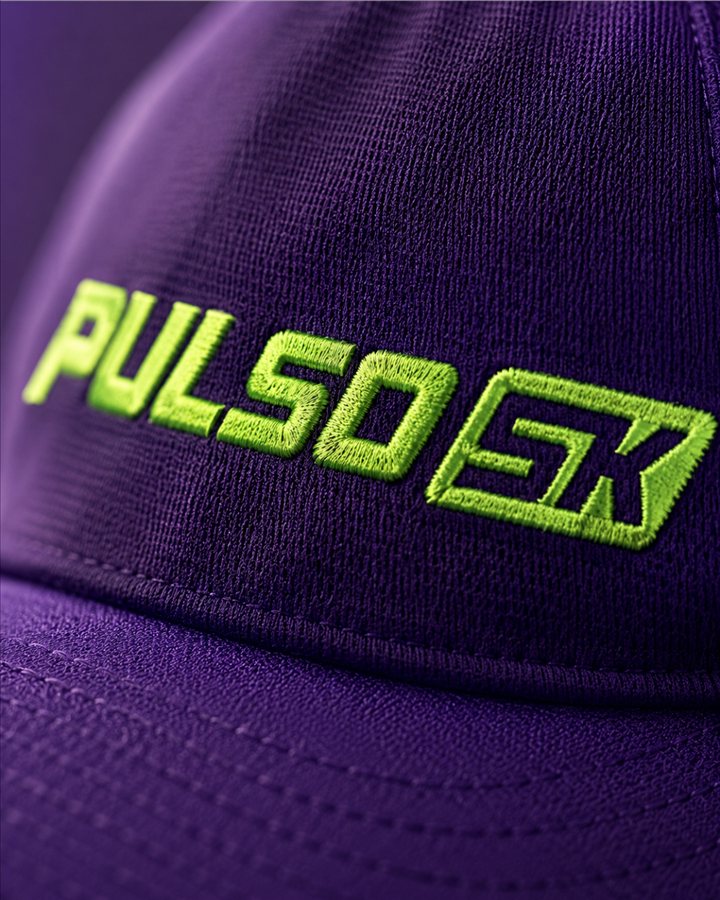 Close-up of the embroidered Pulso 5K logo on a race cap