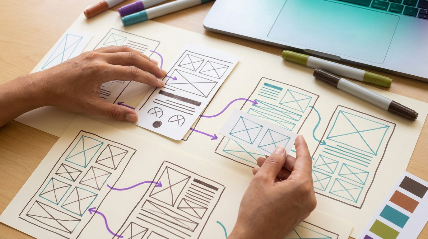 Mãos organizando wireframes de papel e esboços de UX sobre a mesa, com marcadores coloridos e um laptop ao lado