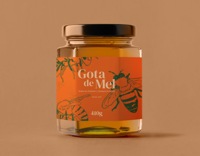 Design de marca e de embalagem da Gota de Mel. Branding. Ilustração. Embalagem.