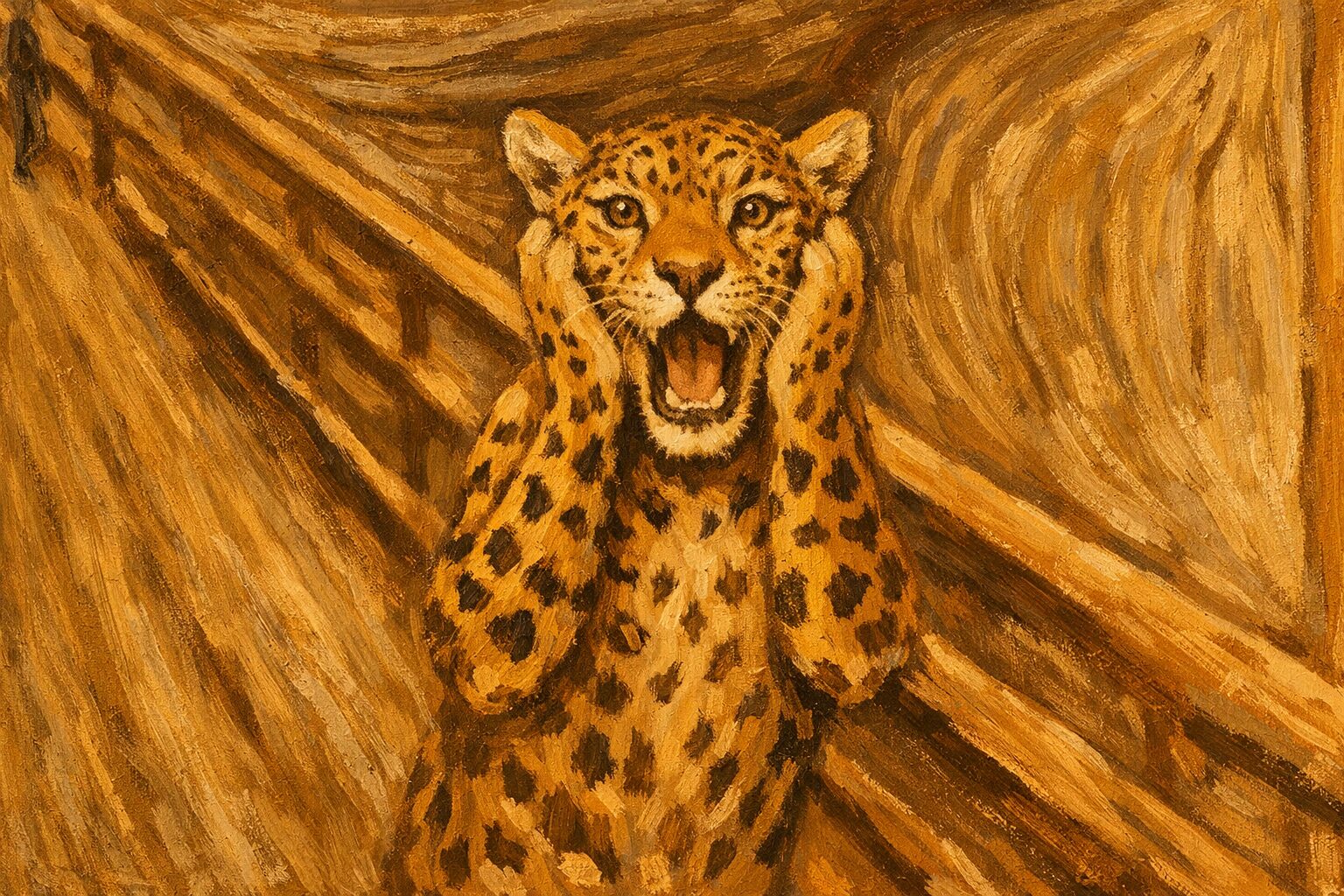 An oil painting inspired by Edvard Munch’s The Scream, featuring a jaguar instead of a human figure.